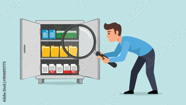 Obraz Man meticulously examining files in a cabinet for efficient data retrieval and information management illustration
