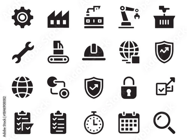 Fototapeta Industrial and business glyph icons set technology manufacturing security and management symbols collection