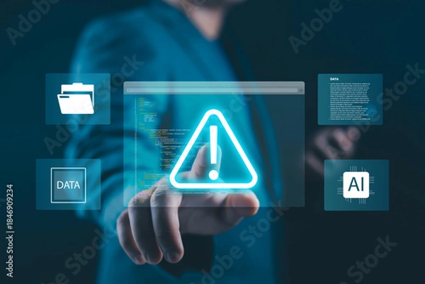 Obraz Cybersecurity warning concept with a professional touching a virtual alert icon, digital data interface, AI security system, and code background, symbolizing cyber risk prevention, data protection,