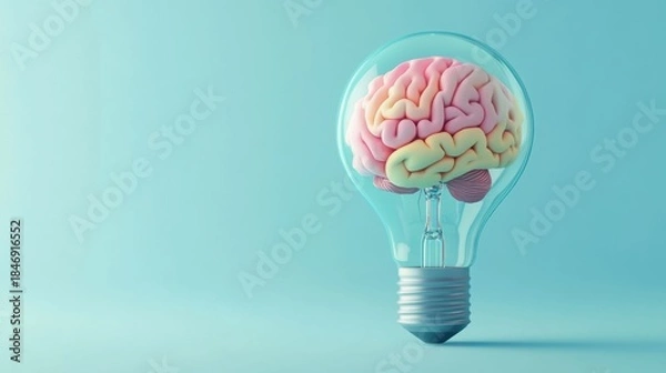 Fototapeta A 3D light bulb with a brain inside represents the connection between human intelligence and innovative technology.