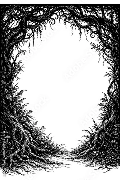 Obraz Dark twisted tree root frame with tangled branches, Transparent Background