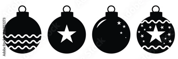 Obraz Christmas Balls Icon Set Vector: Festive Ornament Bauble Silhouette Collection. Solid Black Icons for
 Holiday Decoration, Season's Greetings, and Winter Design.