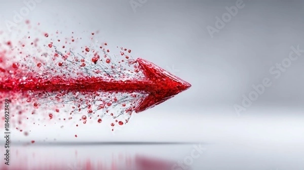 Obraz Glittering red arrow explodes into particles against a soft gray background