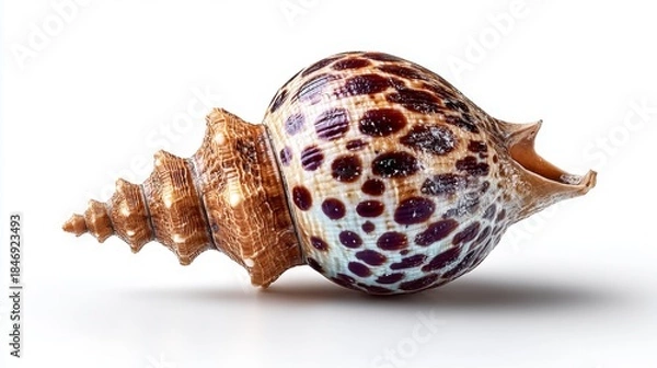Obraz Intricate spiral seashell with brown spotted pattern against white
