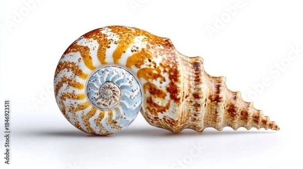 Obraz Intricate spiral seashell with patterned exterior and blue interior