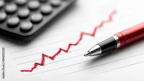 Obraz Red pen charts upward trend beside calculator
