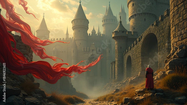 Fototapeta Eine surreale, abstrakte Interpretation mittelalterlicher Ästhetik. Schwebende Fragmente von Steinburgen. KI Generated