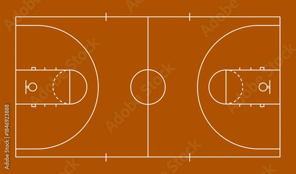 Obraz Top view of a professional basketball court with a brown wooden floor, white boundary lines including the three-point arc and center circle, and a clean minimalist sports background