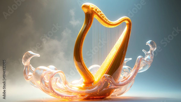 Fototapeta Eine abstrakte Interpretation einer Harfe, verwandelt in eine elegante, fließende Skulptur. Der Korpus der Harfe löst sich in goldenen Bögen und transparenten kristallinen Kurven auf. KI Generated