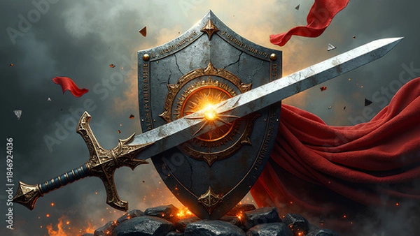 Fototapeta Eine abstrakte mittelalterliche Komposition, in deren Zentrum Schwert und Schild in fließende, symbolische Formen verwandelt sind. Das Schwert streckt sich zu einem schimmernden Strahl . KI Generated