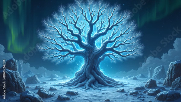 Fototapeta Eine surreale, abstrakte Interpretation der nordischen Mythologie. Uralte Runen winden sich zu leuchtenden, blau-weißen Energieströmen, die wie lebendiges Licht pulsieren. KI Generated