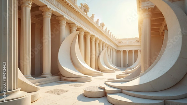 Fototapeta Eine abstrakte, künstlerische Vision der Antike. Marmorsäulen winden sich zu fließenden, weißen Serpentinenformen, während Fragmente klassischer Statuen wie Steinblütenblätter schweben.KI Generated