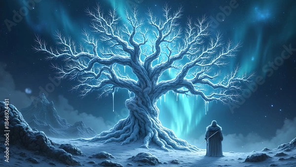 Fototapeta Eine surreale, abstrakte Interpretation der nordischen Mythologie. Uralte Runen winden sich zu leuchtenden, blau-weißen Energieströmen, die wie lebendiges Licht pulsieren. KI Generated