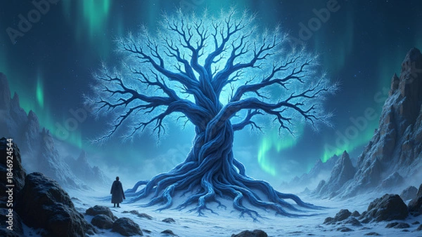 Fototapeta Eine surreale, abstrakte Interpretation der nordischen Mythologie. Uralte Runen winden sich zu leuchtenden, blau-weißen Energieströmen, die wie lebendiges Licht pulsieren. KI Generated