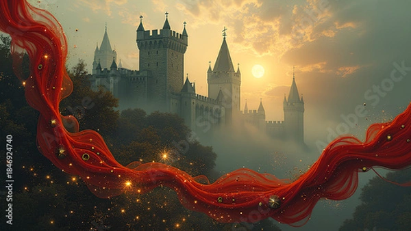 Fototapeta Eine surreale, abstrakte Interpretation mittelalterlicher Ästhetik. Schwebende Fragmente von Steinburgen. KI Generated