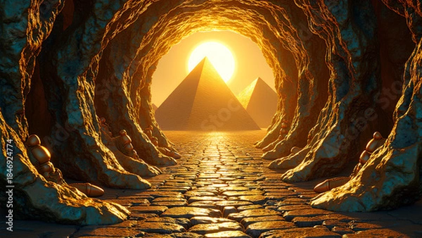 Fototapeta Eine abstrakte, surreale Vision des alten Ägypten. Schwebende Hieroglyphen verwandeln sich in strahlende goldene Glyphenströme, die sich spiralförmig um  Obsidianfragmente winden. KI Generated