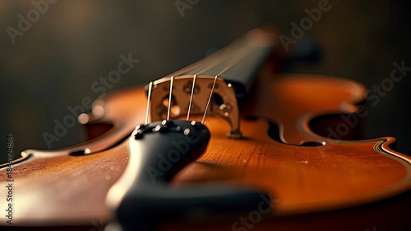 Fototapeta Eine eindrucksvolle Makroaufnahme eines Musikinstruments in einer filmischen Szene. Extrem scharfe Details zeigen Texturen wie polierte Holzmaserung. KI Generated