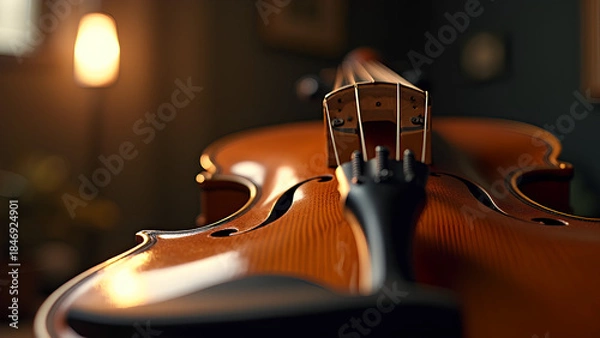 Fototapeta Eine eindrucksvolle Makroaufnahme eines Musikinstruments in einer filmischen Szene. Extrem scharfe Details zeigen Texturen wie polierte Holzmaserung. KI Generated