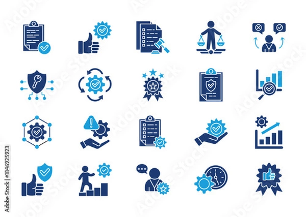 Obraz Best practices thin solid icon set. Containing guidelines, consistency, compliance, ethics, accountability, safety, procedures, quality, methodology, optimization