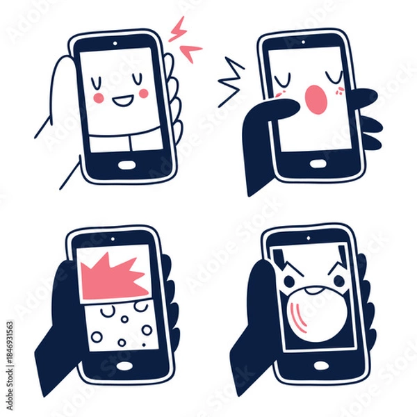 Obraz Hand Drawn Smartphone Screen Emotion and User Feedback Vector Icon Set