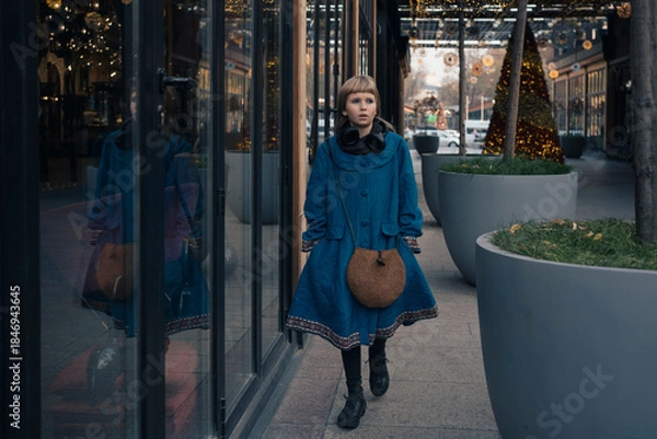Obraz Teen girl walking in festive snowless city decorated for Christmas