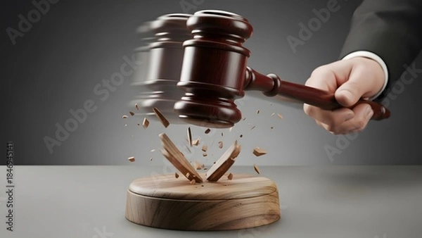 Fototapeta Theme Justice and law, Dramatic gavel smashing through wooden block with force