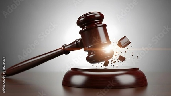 Fototapeta Theme Justice and law, Dramatic gavel shattering on block with explosive impact