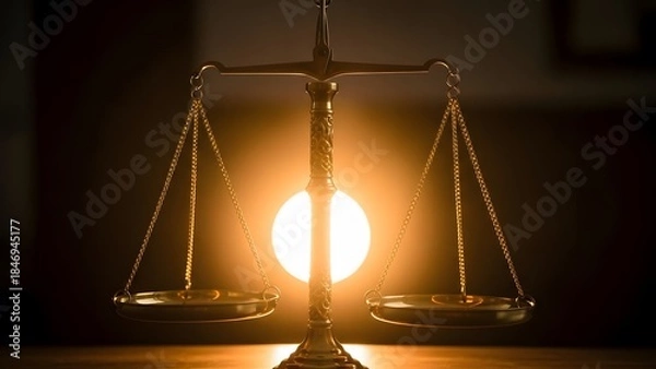 Obraz Theme Justice and law, Golden scales of justice with warm light symbolizing fairness and balance