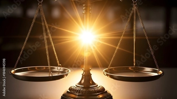 Obraz Theme Justice and law, Golden scales of justice with shining light balance