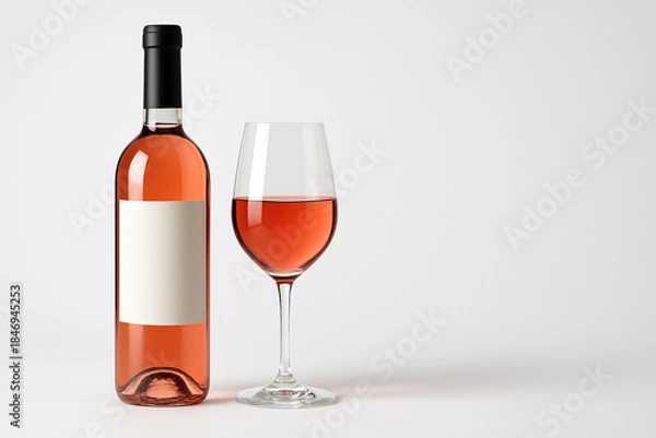 Obraz ロゼワインの入ったグラスとワインボトル　右側にコピースペース