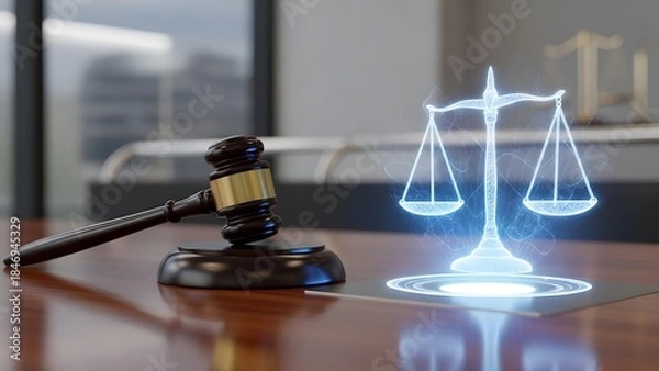 Obraz Theme Justice and law, Lawyers gavel and glowing digital scales of justice on desk