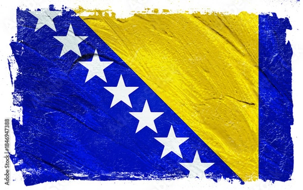 Fototapeta Distressed Bosnia and Herzegovina flag with a textured and grunge effect evokes a sense of history and resilience with its bold colors and star motifs.