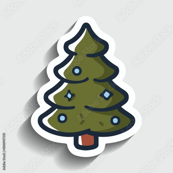 Fototapeta Christmas Tree Sticker. Cartoon Winter Holiday Fir Tree with Blue Ornaments Vector Illustration.