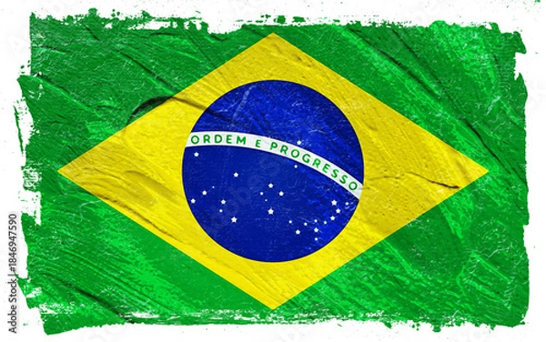 Fototapeta Distressed artistic rendering of the Brazilian flag with green, yellow, and blue, creating a textured and vibrant depiction of national identity and patriotism.