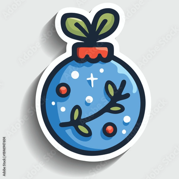 Fototapeta Cute Christmas Bauble Sticker. Cartoon Winter Holiday Blue Tree Ball with Floral Ornament Vector Illustration.