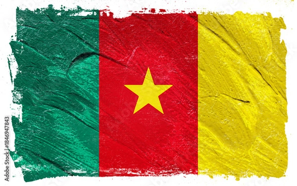 Fototapeta Distressed brushstroke rendering of the national colors of Cameroon, featuring vertical green, red, and yellow bands and a central golden star.