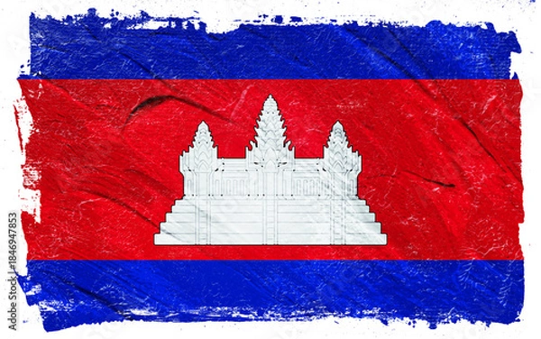 Fototapeta Distressed and textured rendering of the Cambodian flag showcases horizontal bands of blue and red, centered with Angkor Wat, invoking a sense of resilience.