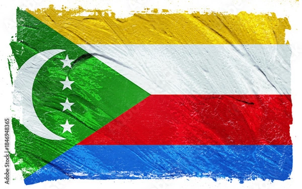 Fototapeta Distressed brushstroke rendering of the Comoros flag, featuring vibrant yellow, white, red, and blue hues with a textured, worn aesthetic, evoking resilience.