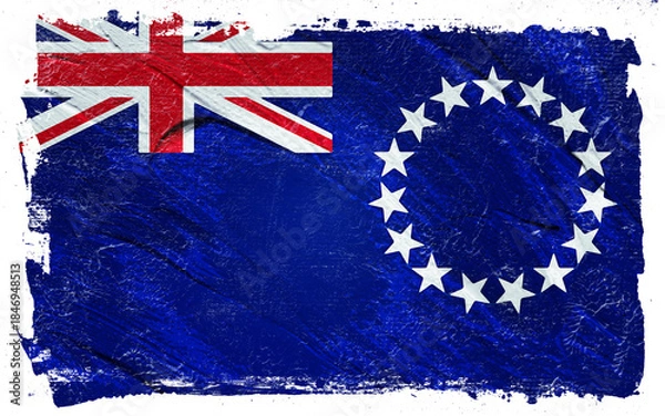 Fototapeta Distressed Cook Islands flag with textured grunge effect, showcasing national symbols and a weathered, aged appearance with a patriotic aesthetic.