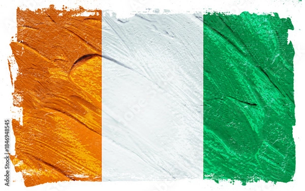 Fototapeta Textured Cote d'Ivoire flag with orange, white, and green stripes painted with thick brushstrokes and a distressed black border giving it an artistic feel.