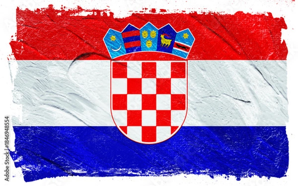 Fototapeta Distressed Croatian flag with vibrant red, white, and blue, showcasing a textured, painted effect and national emblem as a symbol of heritage and patriotism.