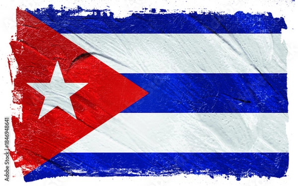 Fototapeta Distressed rendering of a Cuban national flag featuring red, white, and blue horizontal stripes with a white star on a red triangle over a black background.
