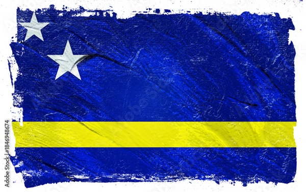 Fototapeta Distressed Curacao Flag with Brushstroke Texture, displaying the national colors in blue and yellow and two distinct white stars on the upper portion.