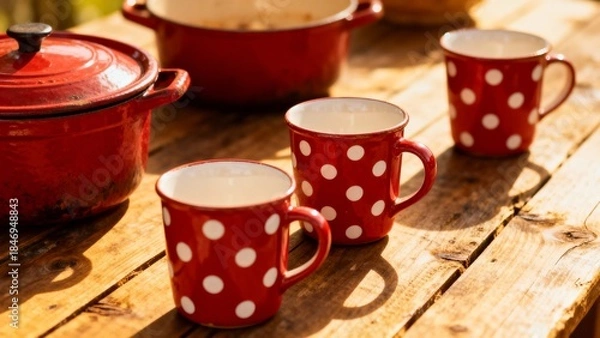 Obraz rustic mugs and pots on wooden table, red with white dots