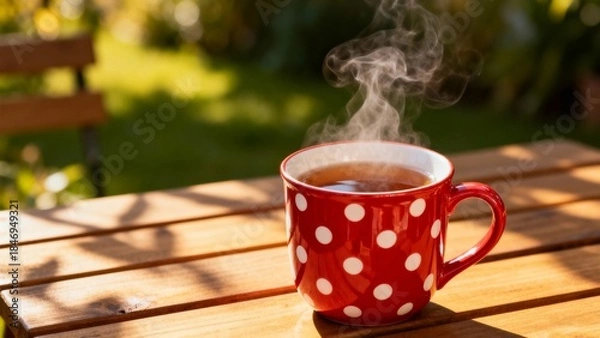 Obraz red mug with white dots cup of warm tea