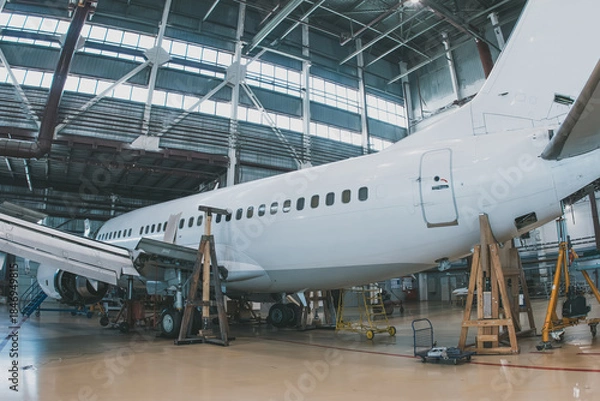 Obraz White passenger jetliner in the aviation hangar. Aircraft under maintenance. Checking mechanical systems for flight operations