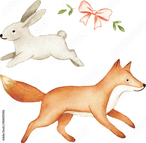 Fototapeta Forest Fox and Rabbit Nursery Watercolor Art