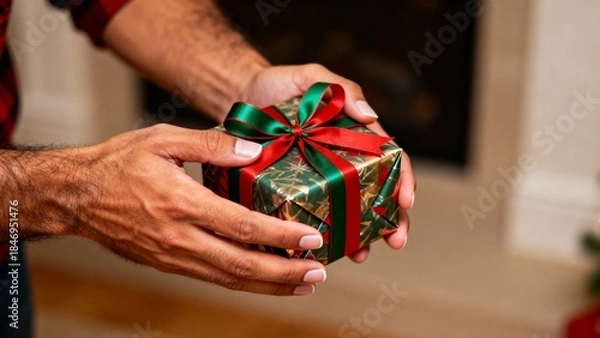 Obraz man hands holding christmas gift