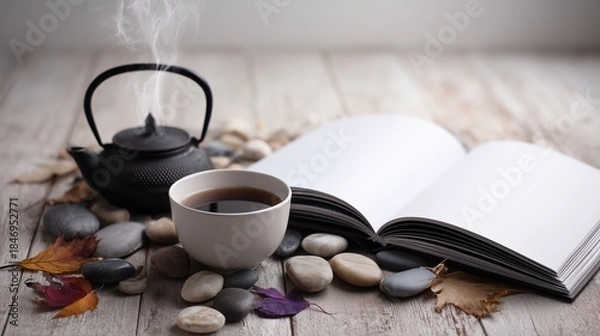 Obraz Tea Ceremony Still Life with Open Book and Autumn Leaves
