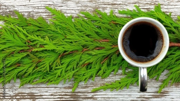 Obraz Coffee Mug on Rustic Wood with Evergreen Branches
